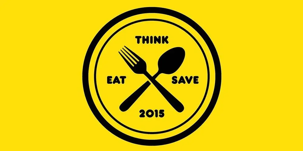 Think Eat Save 2015 sustainability campaign logo featuring a fork and spoon icon promoting food waste reduction and environmental awareness through OzHarvest Australia