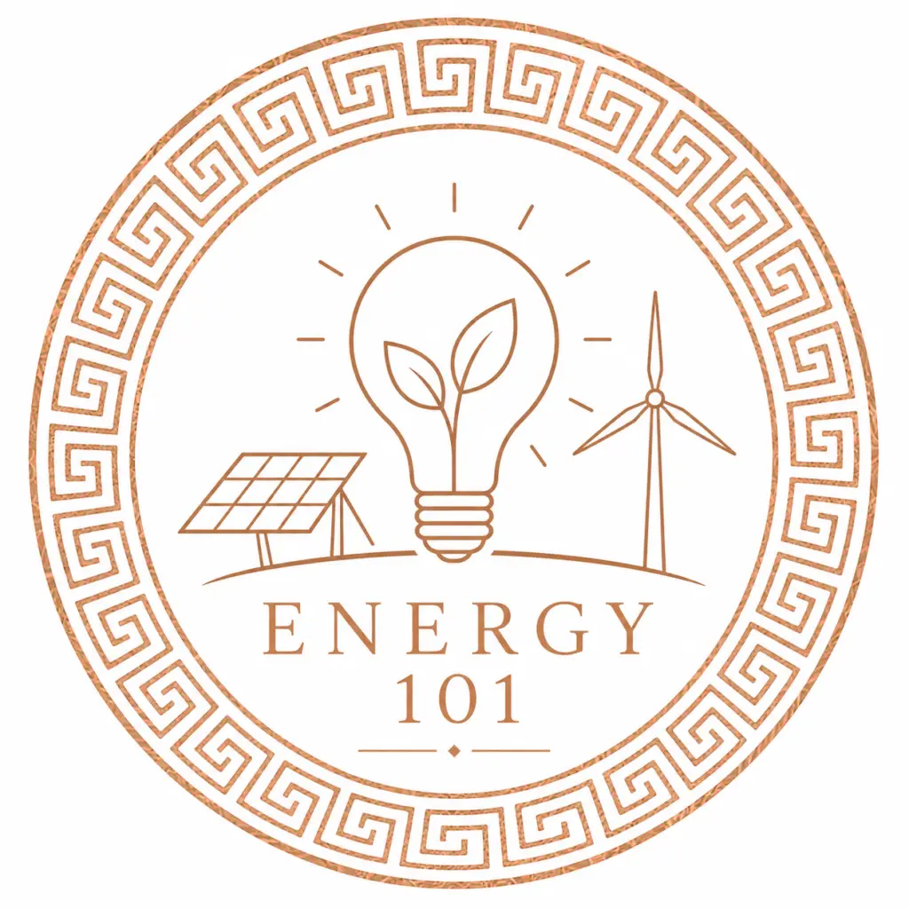 Energy 101 logo featuring renewable energy symbols including a solar panel, wind turbine and eco lightbulb within a rose gold circular frame.