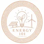 Energy 101 logo featuring renewable energy symbols including a solar panel, wind turbine and eco lightbulb within a rose gold circular frame.