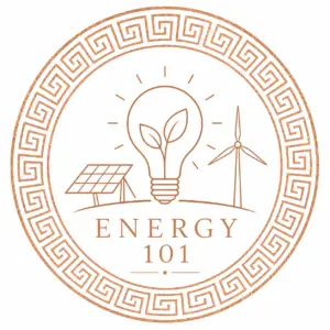 Energy 101 logo featuring renewable energy symbols including a solar panel, wind turbine and eco lightbulb within a rose gold circular frame.