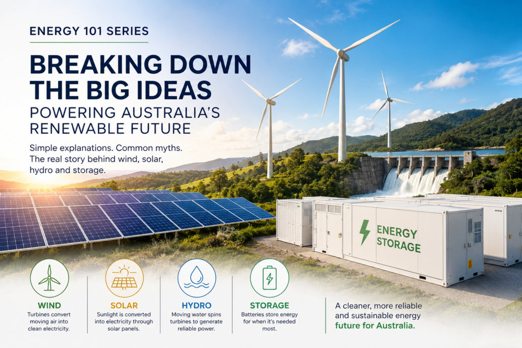 Energy 101 Series infographic explaining renewable energy, batteries, hydro and Australia’s future energy transition