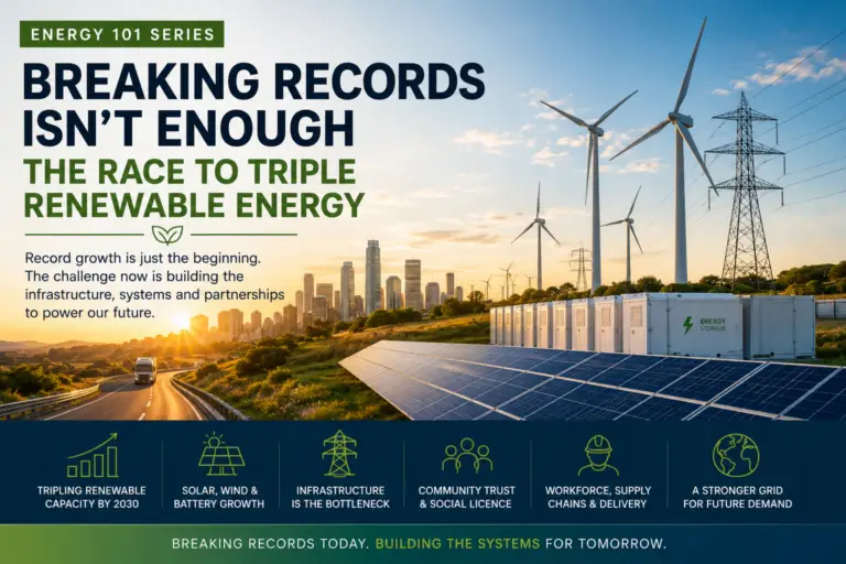 Energy 101 Series article exploring the global race to triple renewable energy capacity through solar, wind, batteries and grid infrastructure
