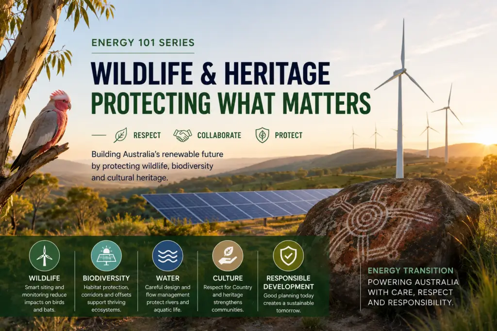 Energy 101 Series article exploring renewable energy, wildlife protection, biodiversity and cultural heritage in Australia