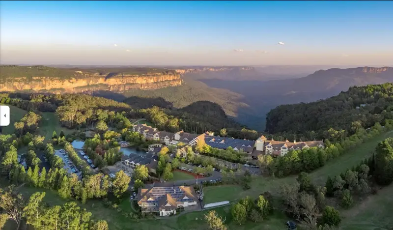 Aerial view of Fairmont Resort Blue Mountains overlooking the spectacular Jamison Valley in Leura, New South Wales.