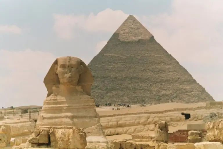 The Great Sphinx and Pyramid of Khafre at Giza, Egypt, photographed during a visit to the Giza Plateau near Cairo.