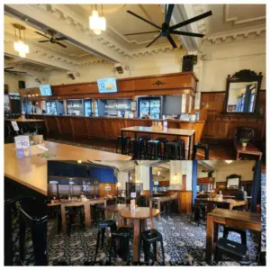 Historic interior of Harry's on Grenfell at Adelaide's Tattersalls Club, featuring heritage architecture, timber panelling and classic pub-style charm.