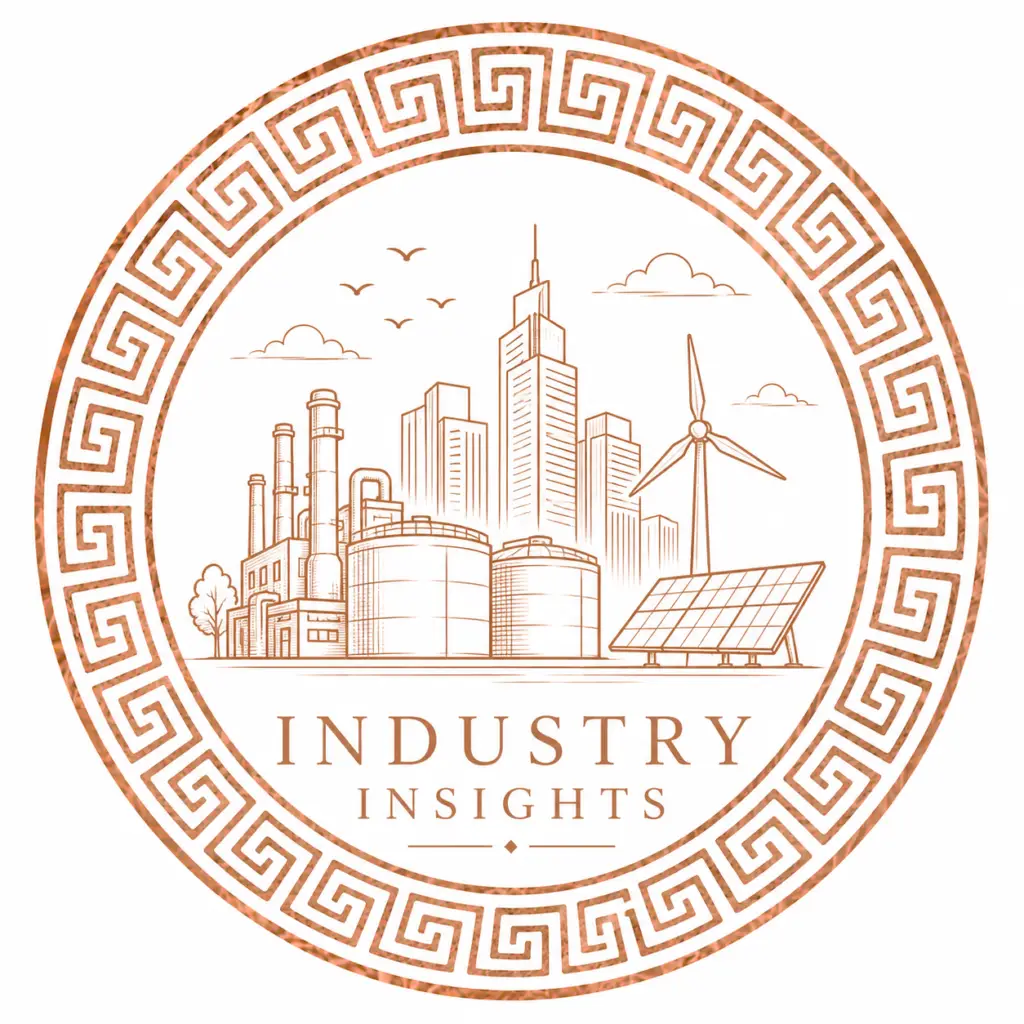 Industry Insights logo featuring infrastructure, renewable energy and industrial imagery inside a rose gold circular frame.
