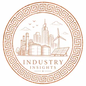 Industry Insights logo featuring infrastructure, renewable energy and industrial imagery inside a rose gold circular frame.