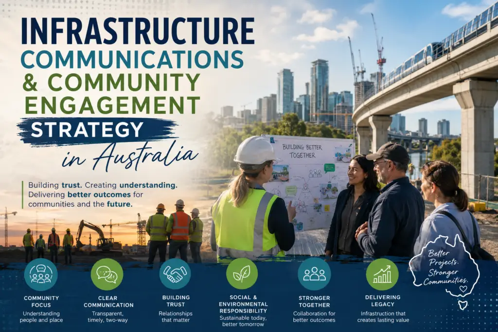 Infrastructure communications and community engagement strategy concept showing Australian infrastructure projects, stakeholder collaboration, construction, transport infrastructure and community-focused engagement planning.