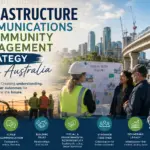 Infrastructure communications and community engagement strategy concept showing Australian infrastructure projects, stakeholder collaboration, construction, transport infrastructure and community-focused engagement planning.