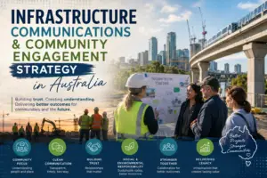 Infrastructure communications and community engagement strategy concept showing Australian infrastructure projects, stakeholder collaboration, construction, transport infrastructure and community-focused engagement planning.