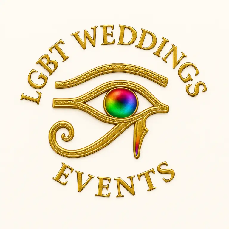 LGBT Weddings Events logo featuring a gold Eye of Horus symbol with a rainbow centre on a light background