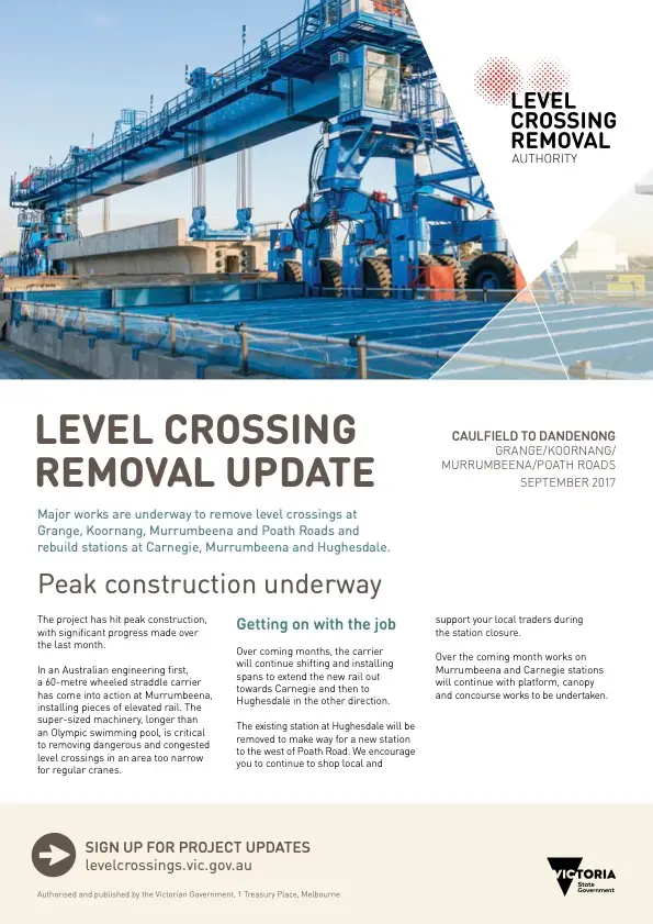 Level Crossing Removal Project community update September 2017 Caulfield to Dandenong construction progress and disruptions