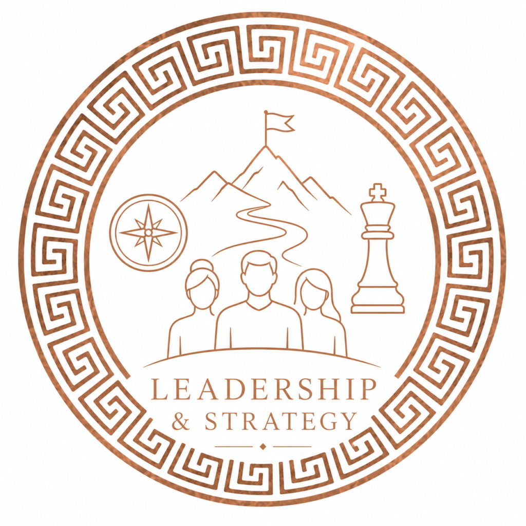 Leadership and Strategy emblem featuring leadership, direction, strategic planning and team development symbols within a copper-toned circular design.
