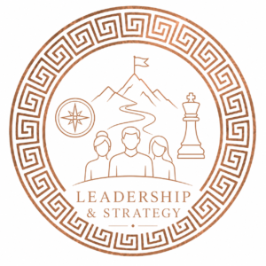 Leadership and Strategy emblem featuring leadership, direction, strategic planning and team development symbols within a copper-toned circular design.
