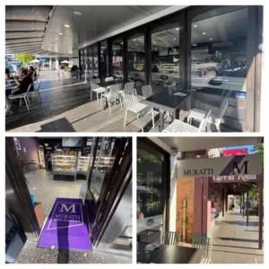 Outdoor seating and entrance to Muratti Cakes & Gateaux on Prospect Road, Adelaide
