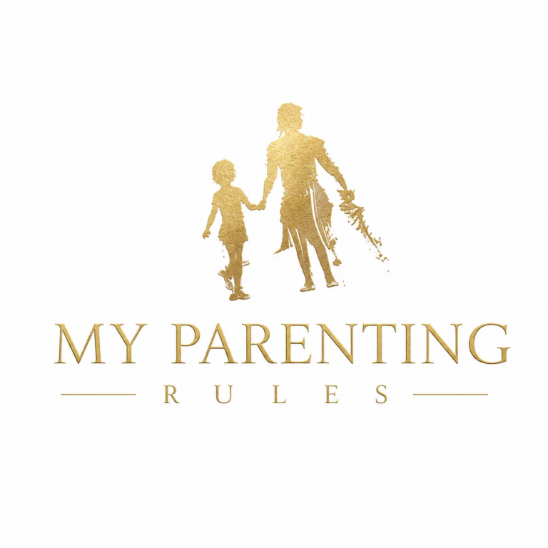 My Parenting Rules logo featuring gold embossed typography and abstract parent-child figures on a dark textured background