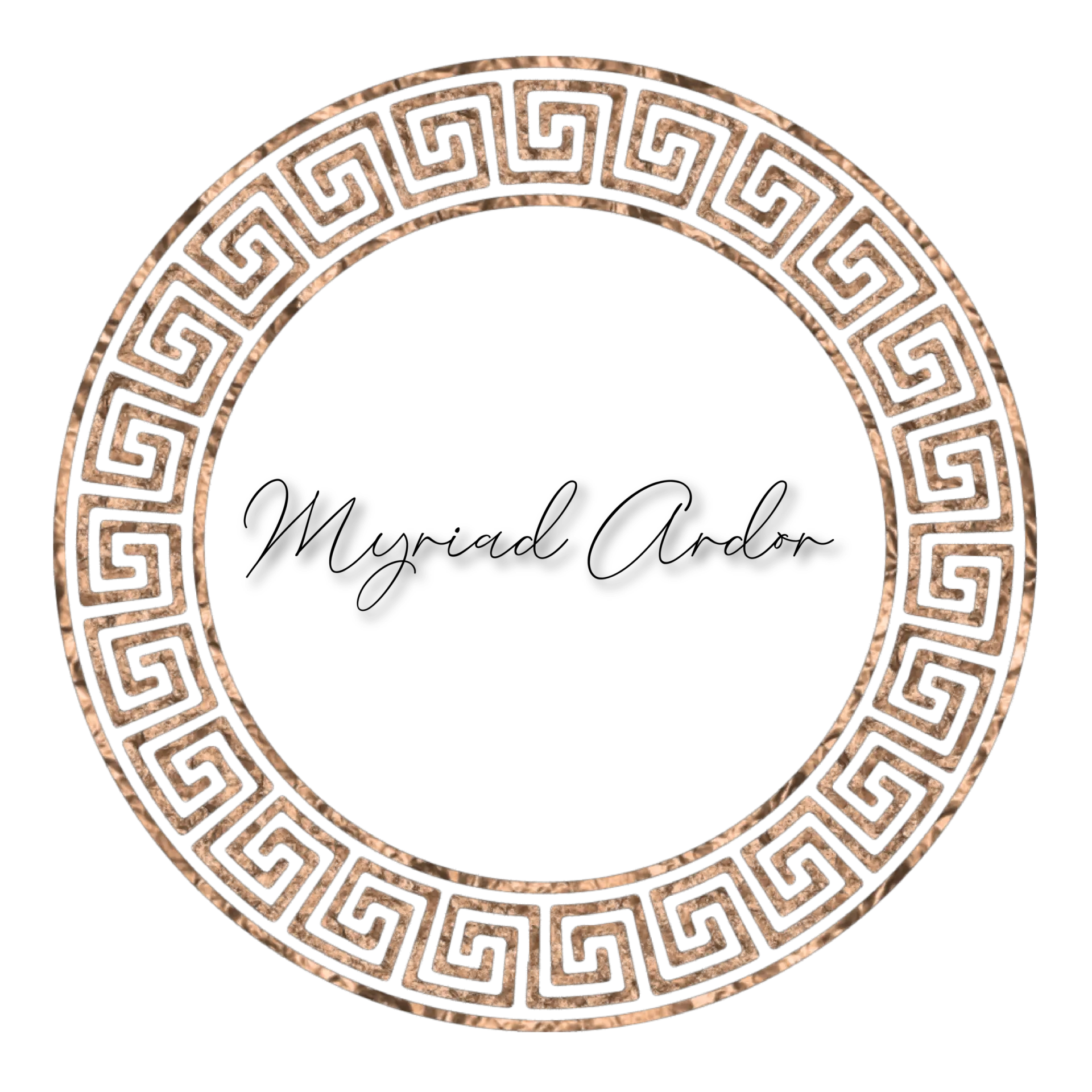 Myriad Ardor circular logo featuring a rose gold Greek key border on a black background