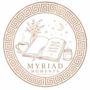 Myriad Moments logo featuring an open journal, coffee cup and candle within a rose gold circular frame on a white background.