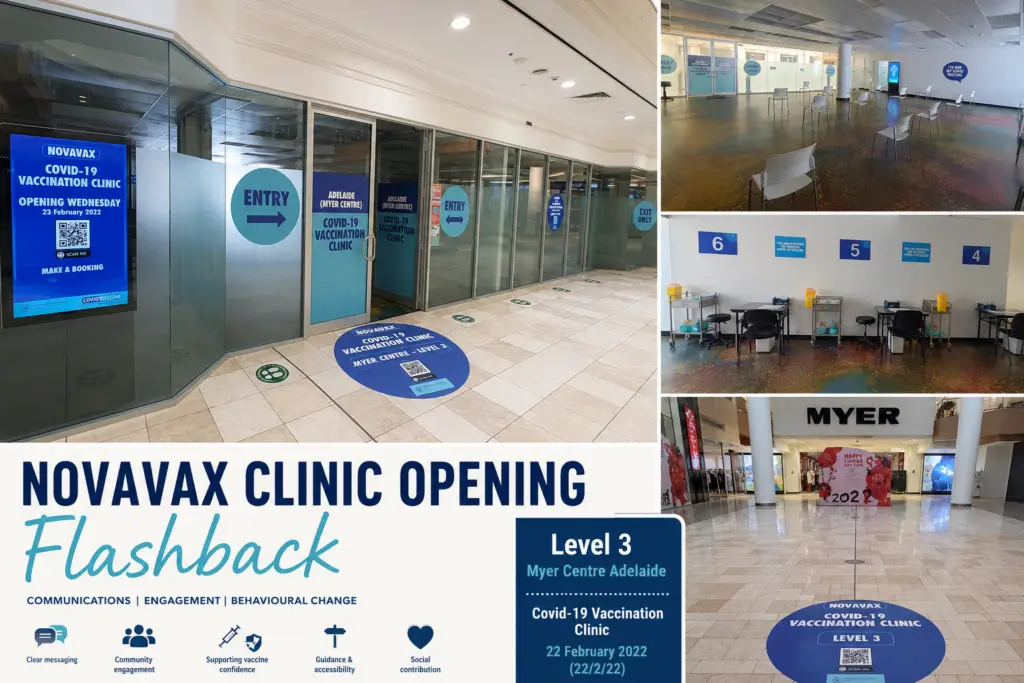 Novavax COVID-19 Vaccination Clinic opening at Level 3 Myer Centre Adelaide featuring public health signage, clinic interiors, waiting areas and vaccination booths during the South Australian COVID-19 response in February 2022.
