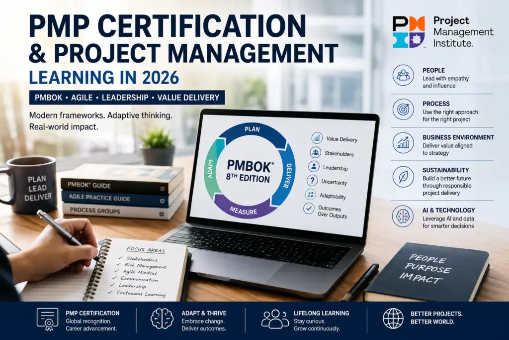 Modern project management and PMP certification concept featuring PMBOK, Agile delivery, leadership, stakeholder engagement, AI integration and strategic project planning within a contemporary professional workspace.