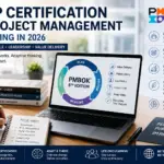 Modern project management and PMP certification concept featuring PMBOK, Agile delivery, leadership, stakeholder engagement, AI integration and strategic project planning within a contemporary professional workspace.