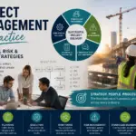 Project management strategy concept featuring leadership, risk management, stakeholder engagement, planning, construction delivery and collaborative project teams across infrastructure and business environments.