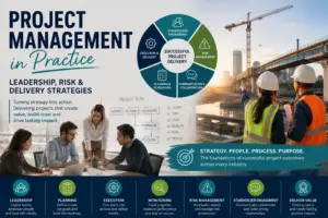 Project management strategy concept featuring leadership, risk management, stakeholder engagement, planning, construction delivery and collaborative project teams across infrastructure and business environments.