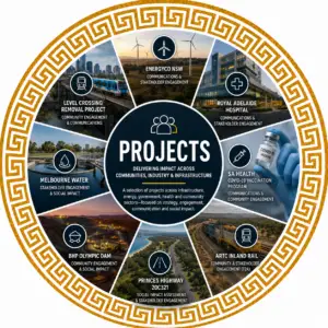 Projects portfolio infographic featuring infrastructure, energy, government, transport, health and community projects