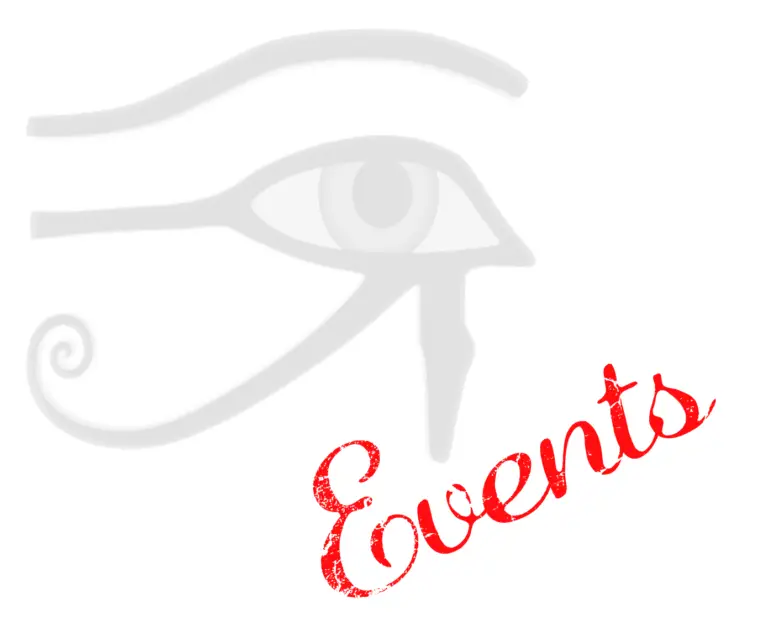 All Eyes on Me Events logo featuring a minimalist Eye of Horus design with bold red script typography