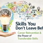 Light bulb with a brain and gears inside, surrounded by colourful illustrations representing creativity, communication, strategy, leadership and innovation. The image highlights the value of transferable skills and career reinvention.