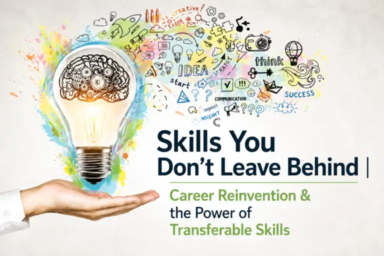 Light bulb with a brain and gears inside, surrounded by colourful illustrations representing creativity, communication, strategy, leadership and innovation. The image highlights the value of transferable skills and career reinvention.