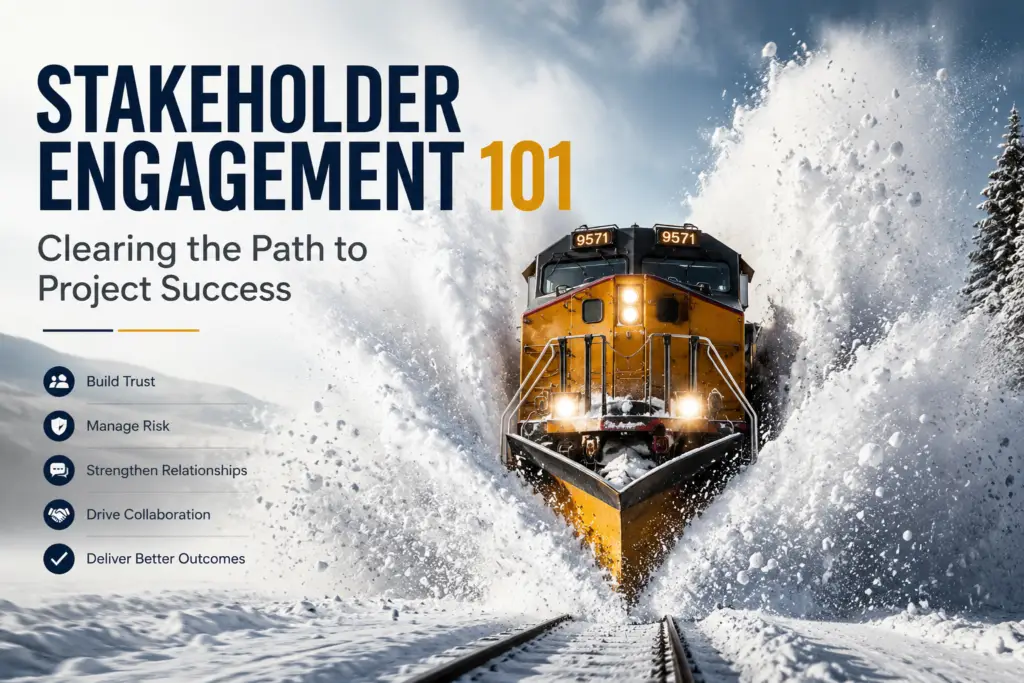 Snow-clearing locomotive powering through deep snow, symbolising stakeholder engagement, risk management and clearing obstacles to successful project delivery.