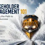 Snow-clearing locomotive powering through deep snow, symbolising stakeholder engagement, risk management and clearing obstacles to successful project delivery.