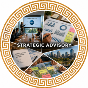 Strategic advisory infographic showing data analysis, stakeholder insights, and business strategy planning within a circular gold border