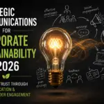 Conceptual cover image featuring a glowing light bulb surrounded by communication and stakeholder engagement illustrations, representing strategic communications, sustainability, organisational trust, media, growth and corporate engagement in 2026.