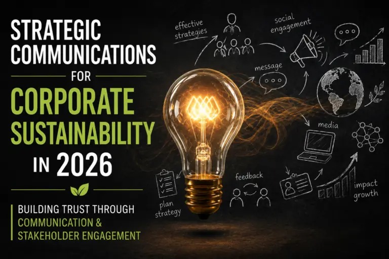 Conceptual cover image featuring a glowing light bulb surrounded by communication and stakeholder engagement illustrations, representing strategic communications, sustainability, organisational trust, media, growth and corporate engagement in 2026.