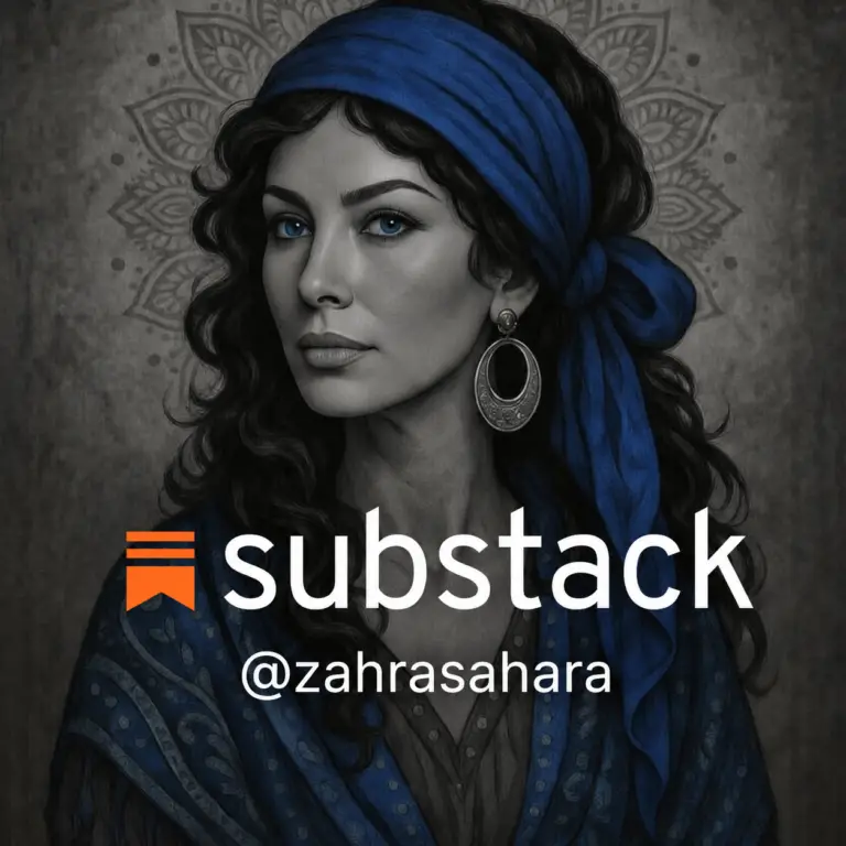 Substack promotional profile image featuring a blue-toned illustrated woman with a headscarf and the Substack logo overlaid with the handle @zahrasahara.