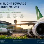 Sustainable aviation and biofuel infrastructure concept featuring Adelaide Airport, commercial aircraft, renewable energy themes and sustainable aviation fuel initiatives supporting carbon reduction and environmental sustainability in Australia.