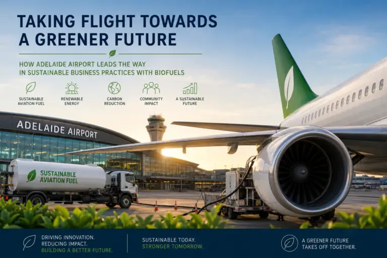 Sustainable aviation and biofuel infrastructure concept featuring Adelaide Airport, commercial aircraft, renewable energy themes and sustainable aviation fuel initiatives supporting carbon reduction and environmental sustainability in Australia.