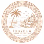 Travel and Storytelling logo featuring a Mediterranean coastal scene with palm tree and architecture inside a rose gold circular frame.