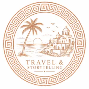 Travel and Storytelling logo featuring a Mediterranean coastal scene with palm tree and architecture inside a rose gold circular frame.