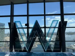 The iconic W Sydney logo overlooking Darling Harbour, showcasing panoramic waterfront views from the hotel's luxury rooftop and pool area.