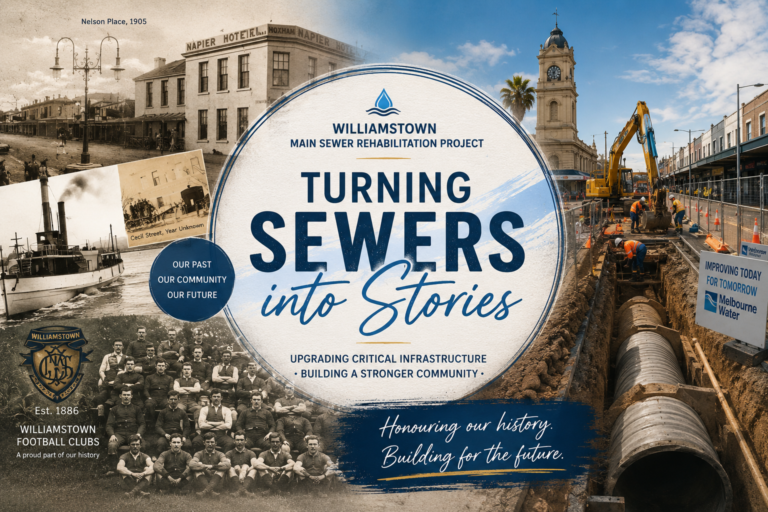 Historical and contemporary imagery depicting Melbourne Water's Williamstown Main Sewer Rehabilitation Project, showcasing how community engagement and heritage storytelling helped connect critical infrastructure upgrades with local history and community identity.