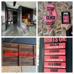 Wingboy Newtown restaurant entrance, signage and promotional displays on King Street.