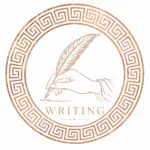 Elegant writing logo featuring a hand holding a quill within a rose gold Greek-inspired circular frame on a white background.