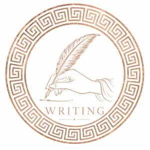 Elegant writing logo featuring a hand holding a quill within a rose gold Greek-inspired circular frame on a white background.