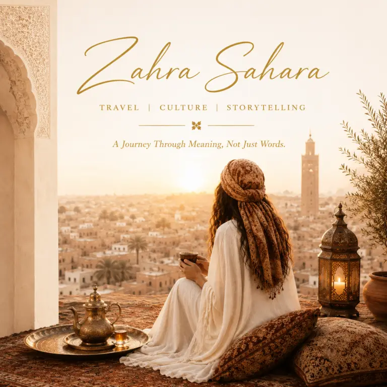 Zahra Sahara travel and storytelling brand banner featuring a woman overlooking a Moroccan cityscape at sunset with warm cultural travel imagery.