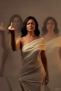 Symbolic artwork of a woman standing confidently with eyes closed and her middle finger raised, representing boundaries, self-respect, liberation and refusing to tolerate toxic behaviour.