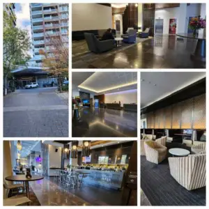 Collage showcasing Pullman Adelaide's modern lobby, bar, guest facilities and contemporary hotel interiors overlooking Hindmarsh Square.
